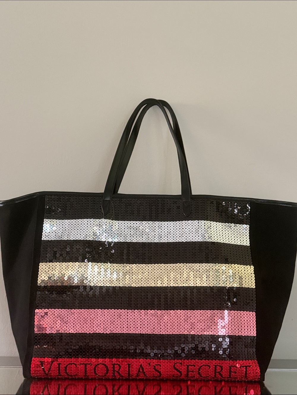 VICTORIA’S SECRET Sequin Stripe Tote Bag Black Large NWOT